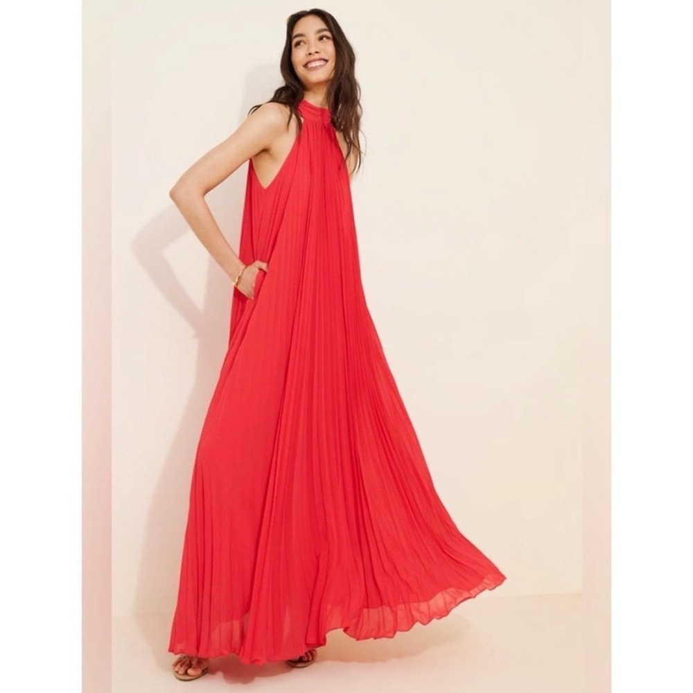 BHLDN Rosie Mock-Neck Pleated Chiffon Maxi Dress - Ribbon Red